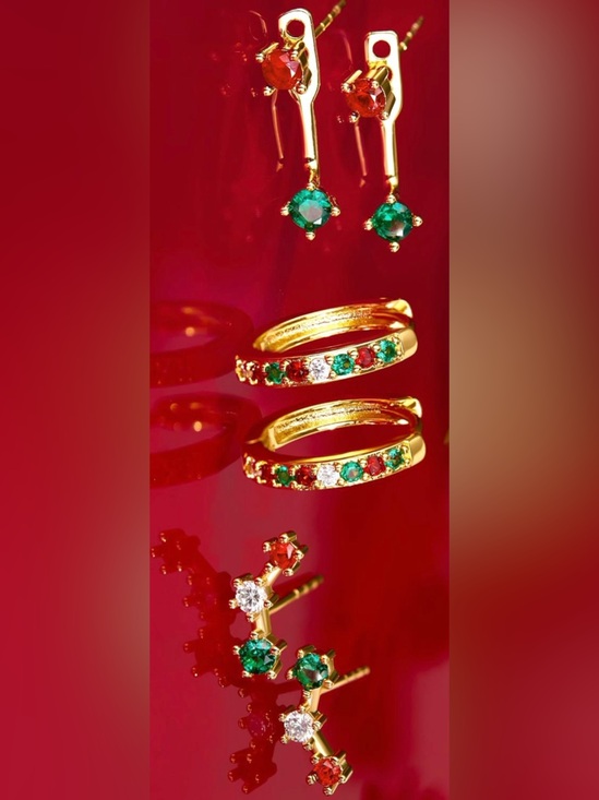 Unknown Jewelry - 3 Pairs Gold Plated Dainty Small Women’s Earrings in Red, White, Green ~ New ~